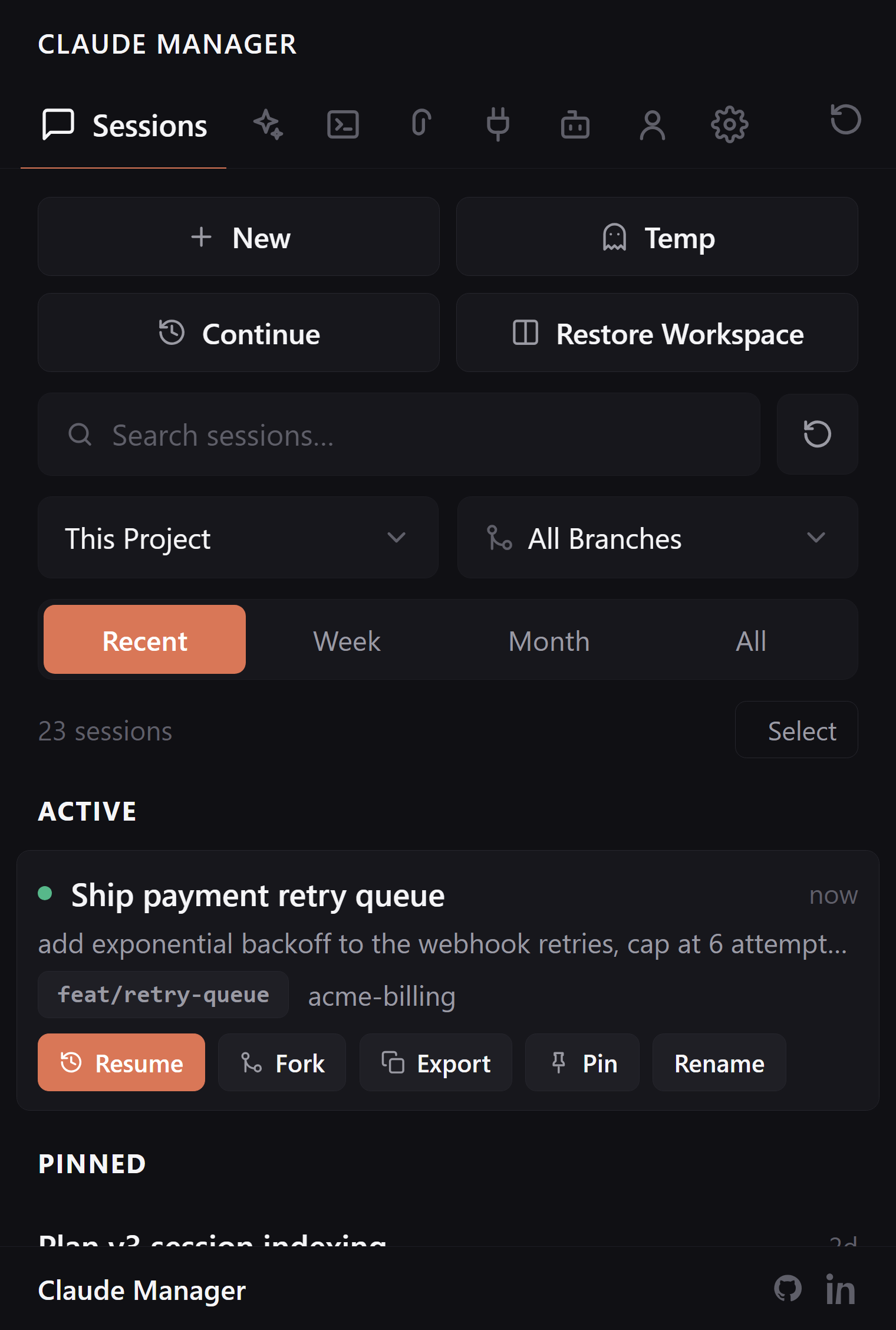 Claude Manager sidebar in VS Code showing the Sessions tab with searchable, resumable Claude Code sessions