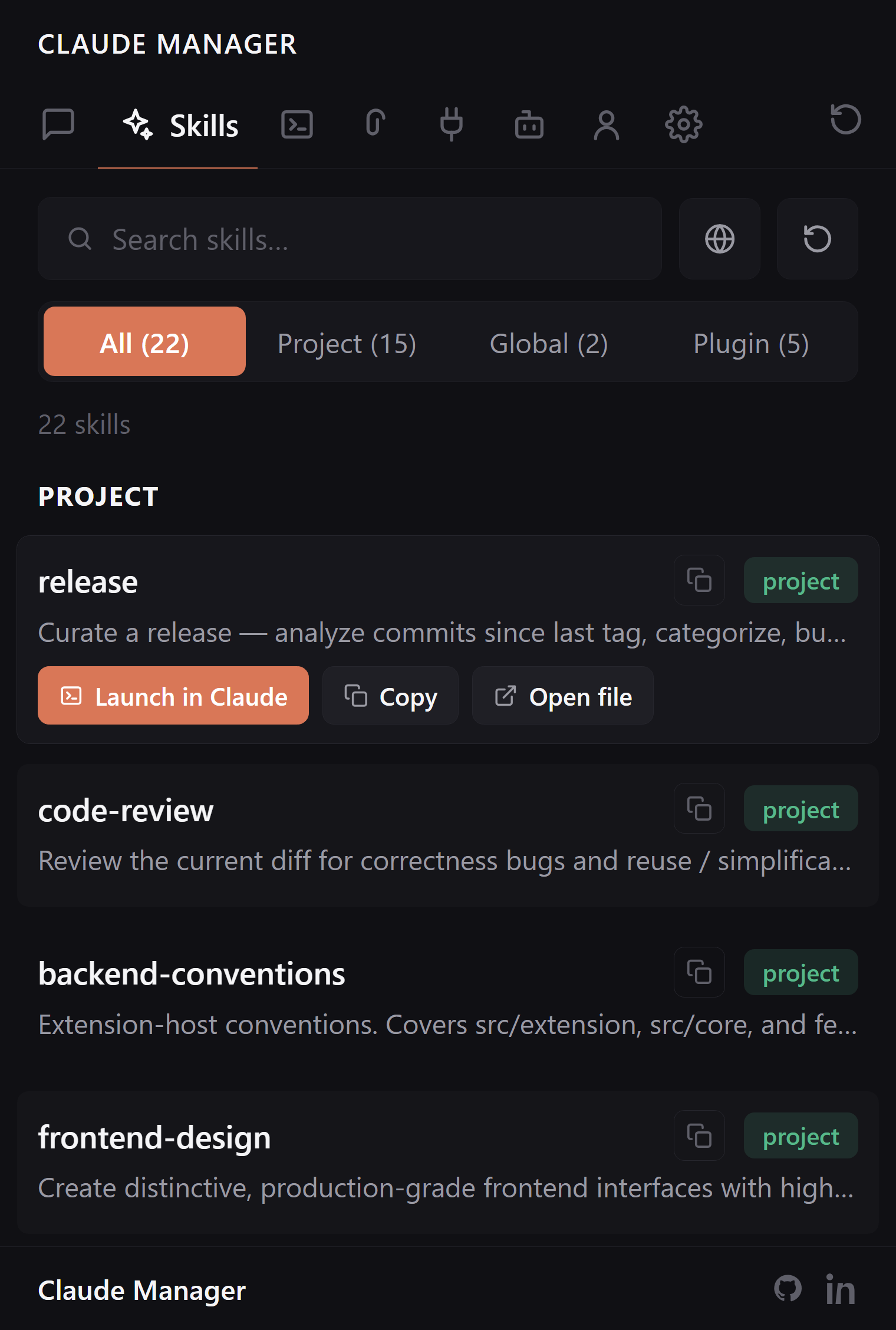 Claude Manager Skills tab with global, project, and plugin scope badges