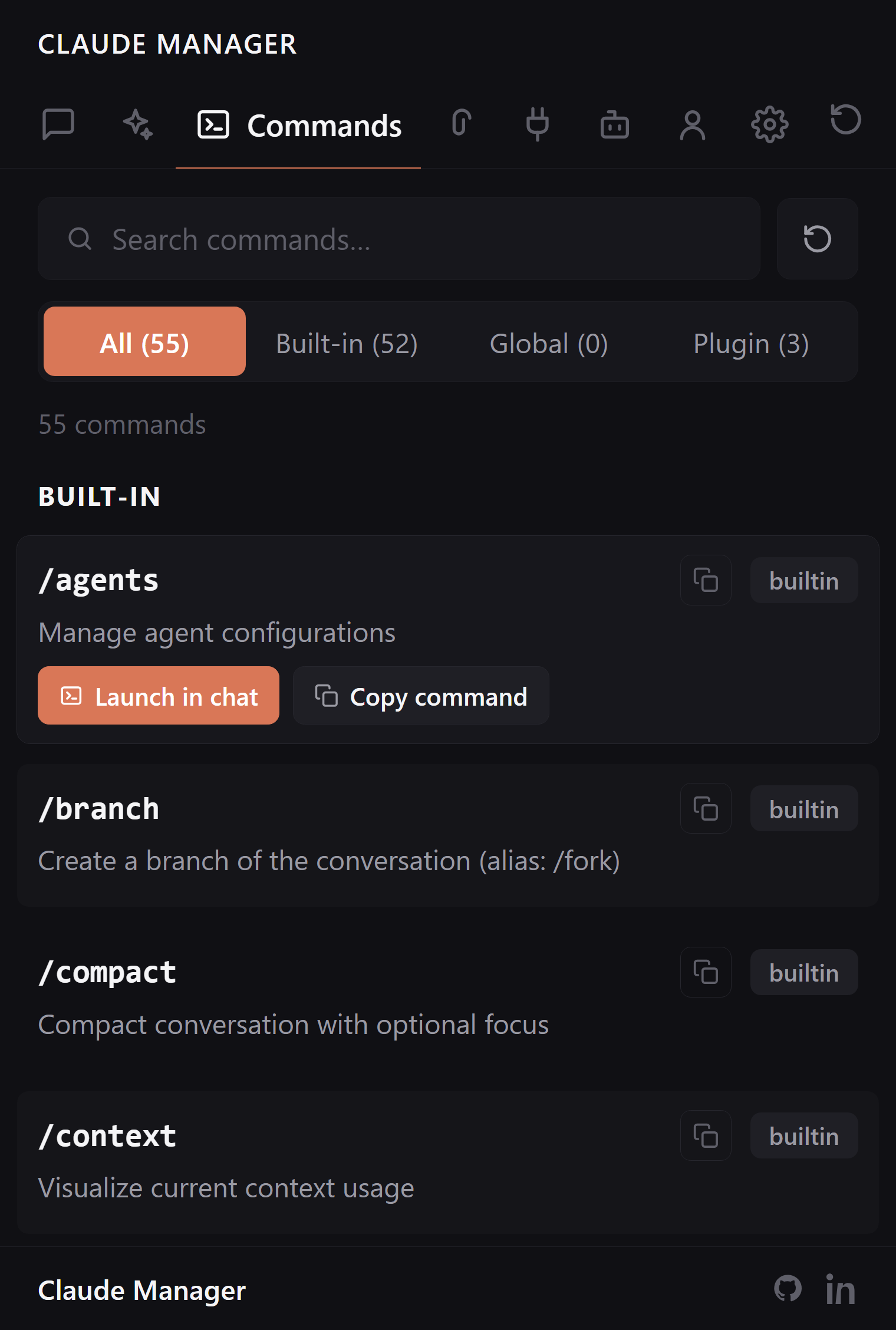 Claude Manager Commands tab with built-in and custom slash commands