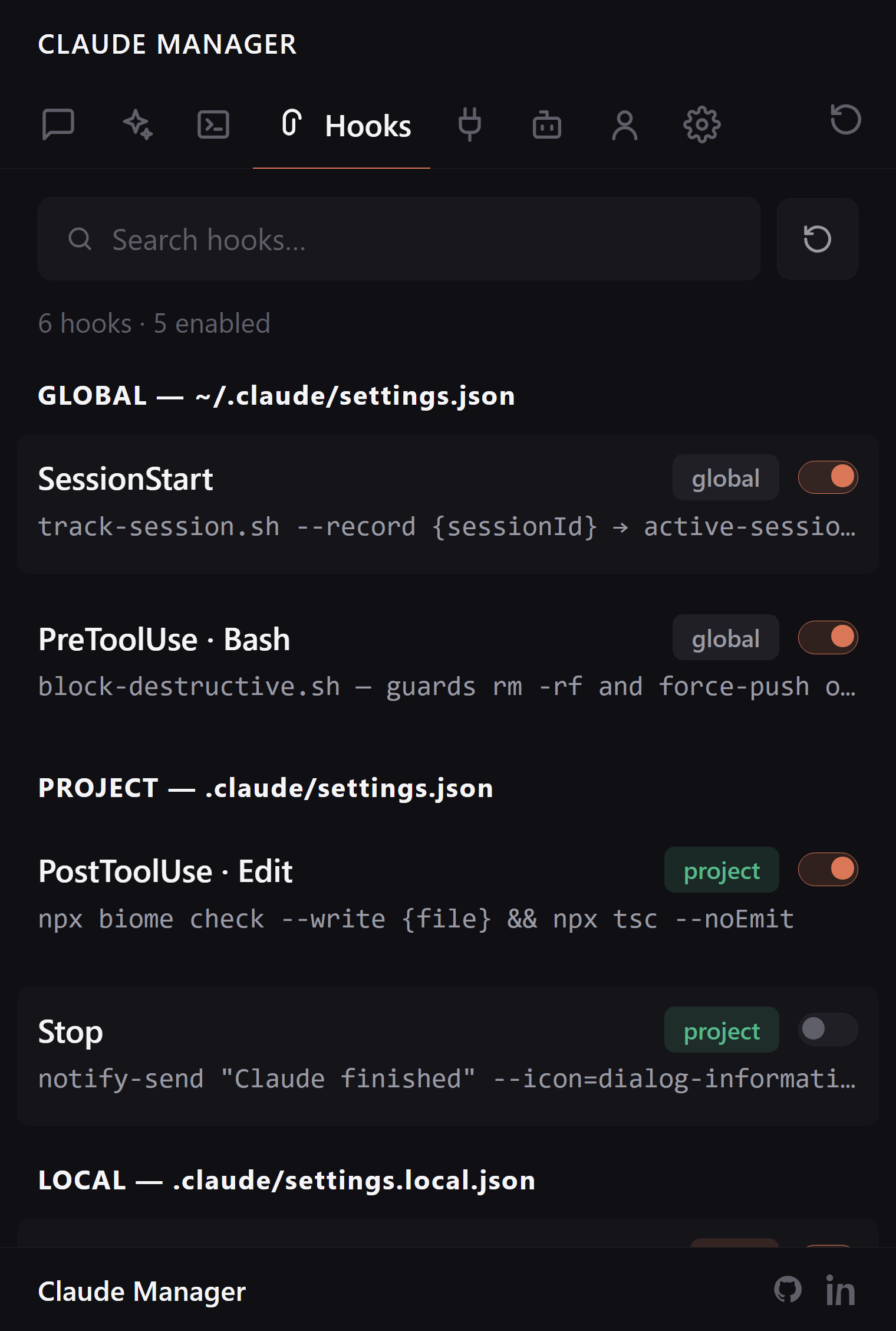 Claude Manager Hooks tab showing automation hooks across scopes with command preview