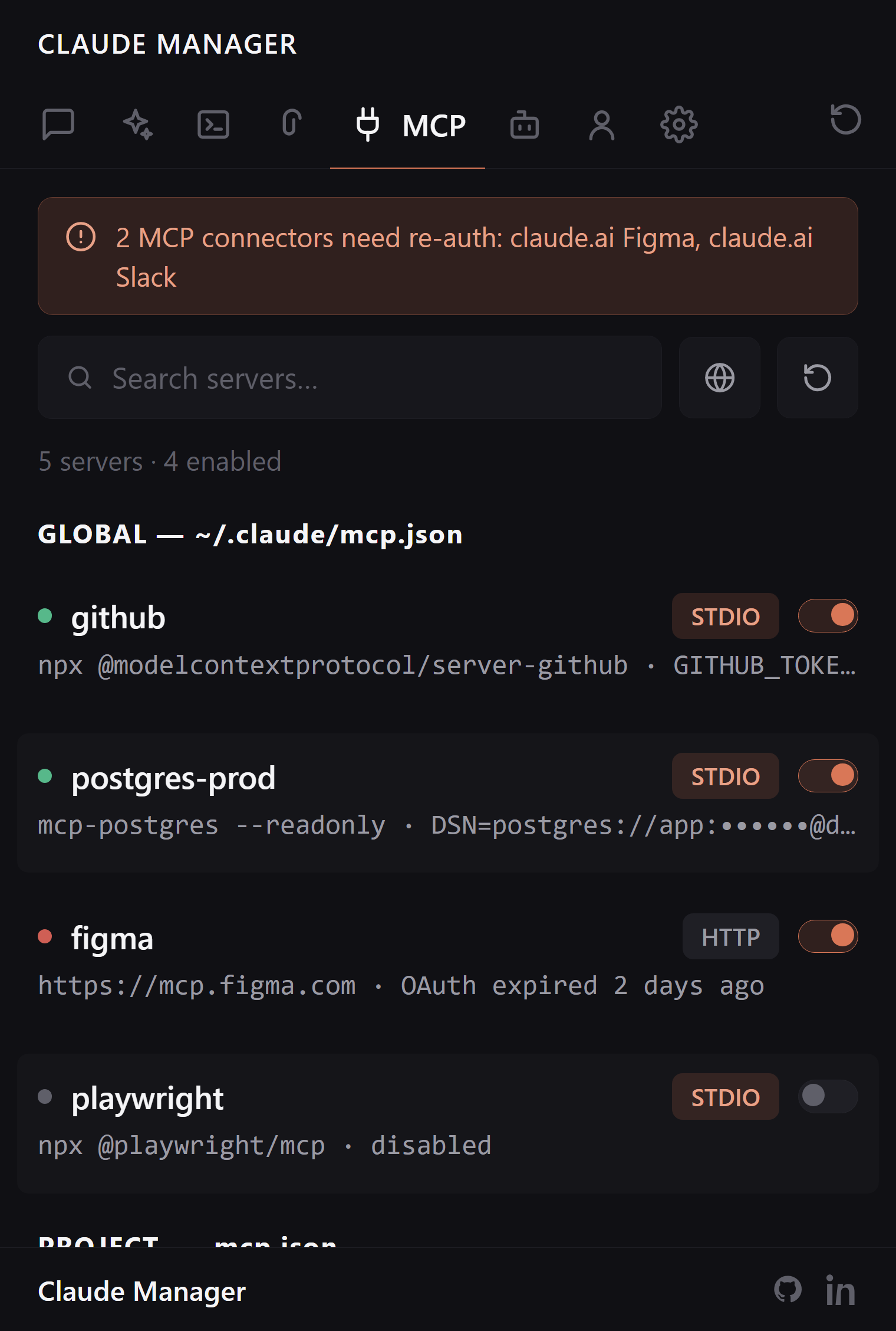 Claude Manager MCP Servers tab with enable, disable, and inspect controls