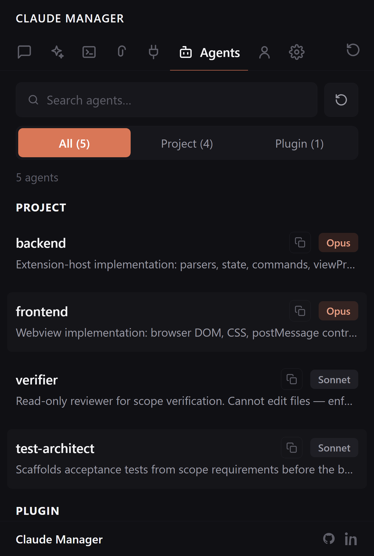 Claude Manager Agents tab with Sonnet, Opus, and Haiku model badges