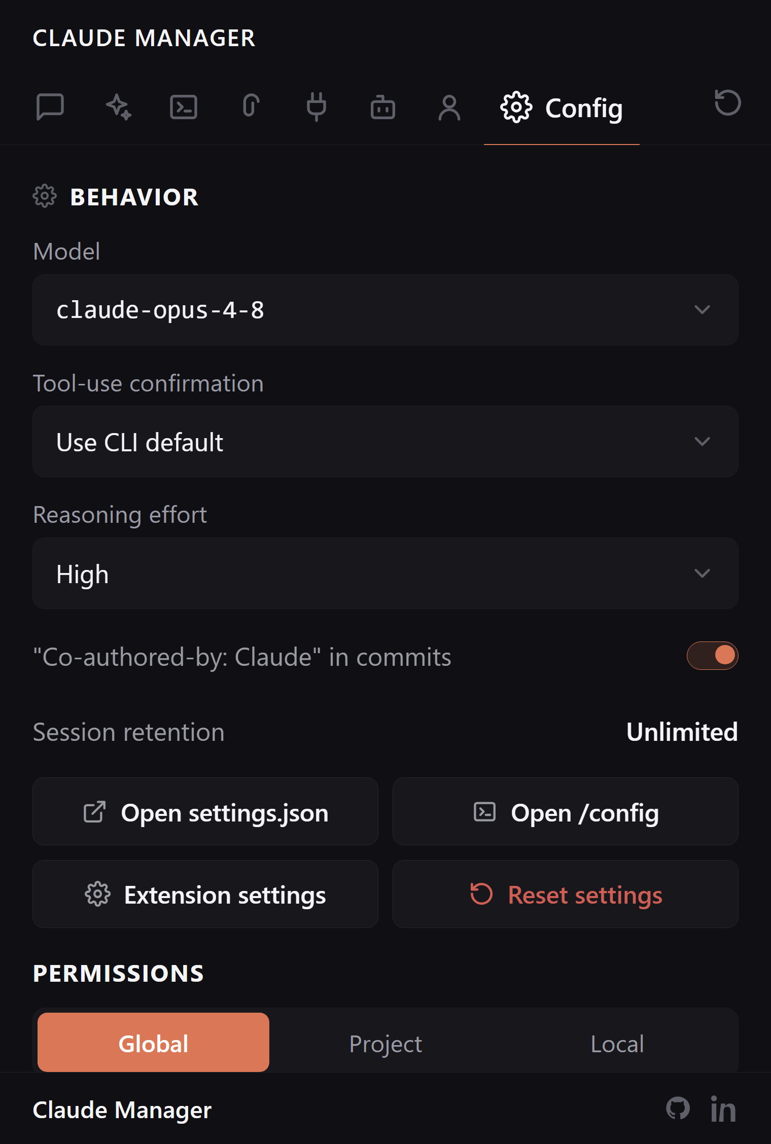Claude Manager Config tab with model selector, permissions editor, and settings-history snapshots